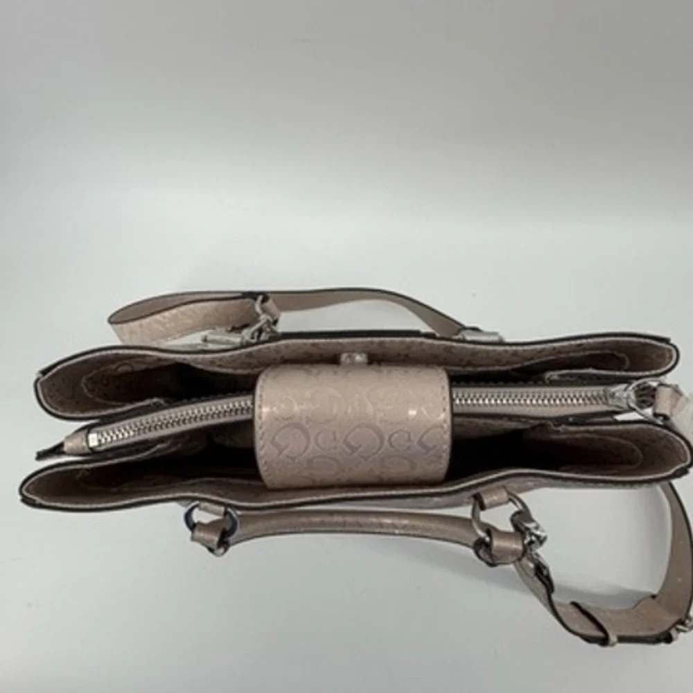 Guess Metallic Champagne Logo Satchel‎ Crossbody Handbag with Flower Charm